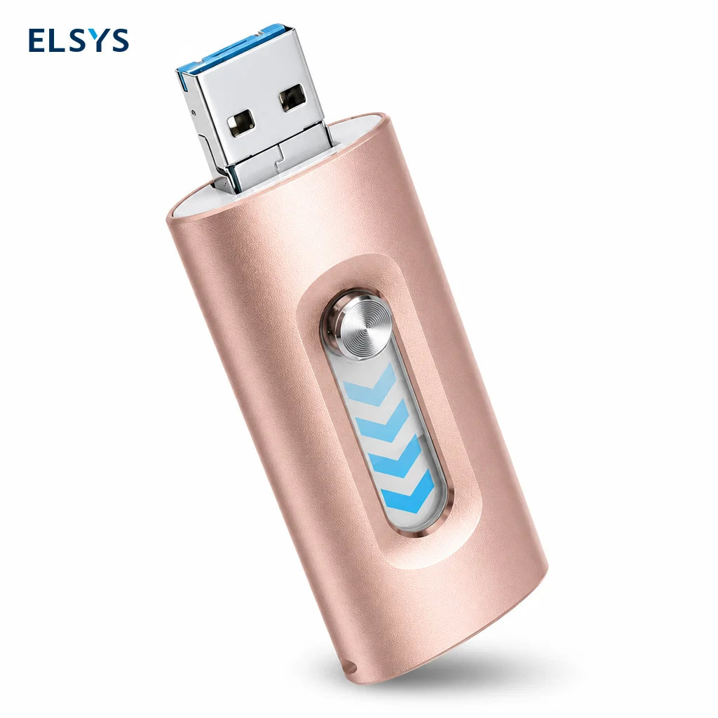 Memoria USB 4 en 1 de 128GB con USB 3.0 y OTG para respaldar fotos y videos en iPhone, Android, PC y Mac fácilmente