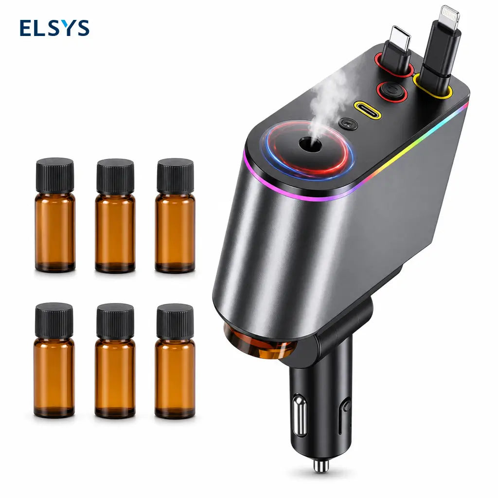 Cargador retráctil para auto 66W con USB-C y Lightning, difusor aromático y luz estrellada para cargar tu celular sin enredos diarios
