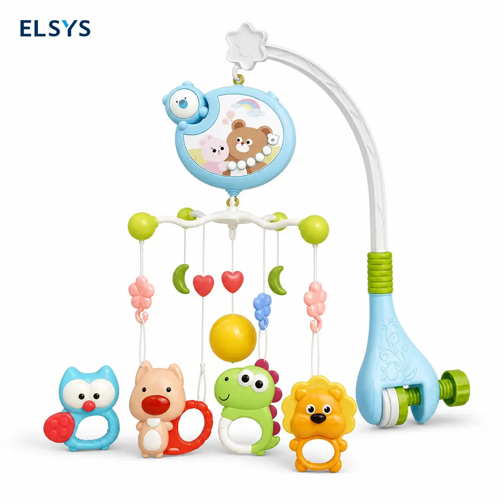 Carrusel musical para cuna y moisés con luces, proyección, temporizador, mordederas removibles y control remoto para bebés pequeños