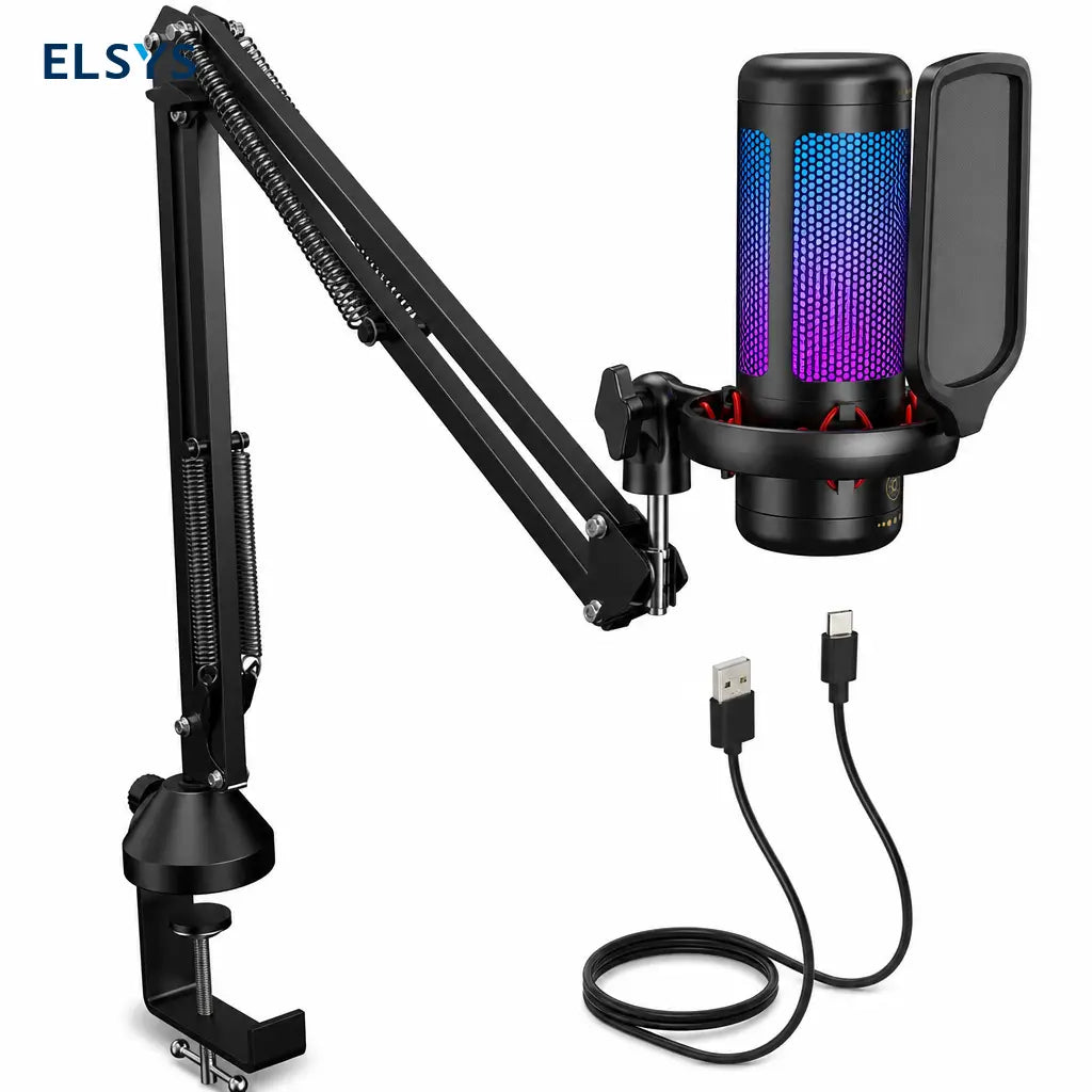 Micrófono USB de condensador TC310 con iluminación RGB ajustable, conexión USB-A y Type-C para gaming, streaming y podcast en PC Mac