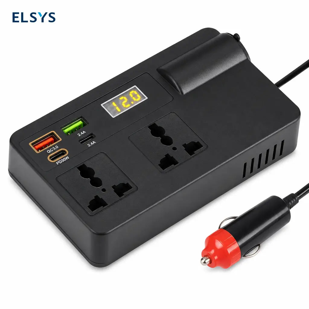 Inversor compacto para auto 12V-24V a 220V con carga rápida QC3.0 y pantalla, para celulares, tablets y laptops en viajes
