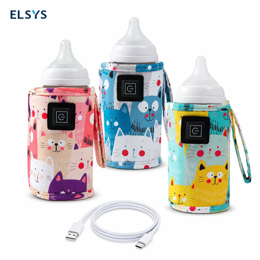 Calentador portátil USB para biberón con 3 temperaturas y funda térmica con gatitos para casa, viajes y salidas con bebé diarias