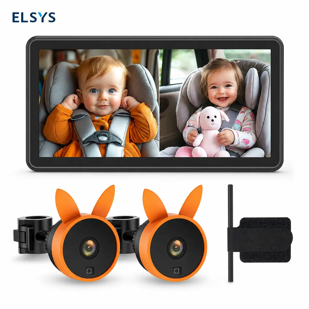 Monitor dual para bebé en auto con pantalla 7.2” 1080P, visión nocturna y vista dividida para dos niños en viajes familiares