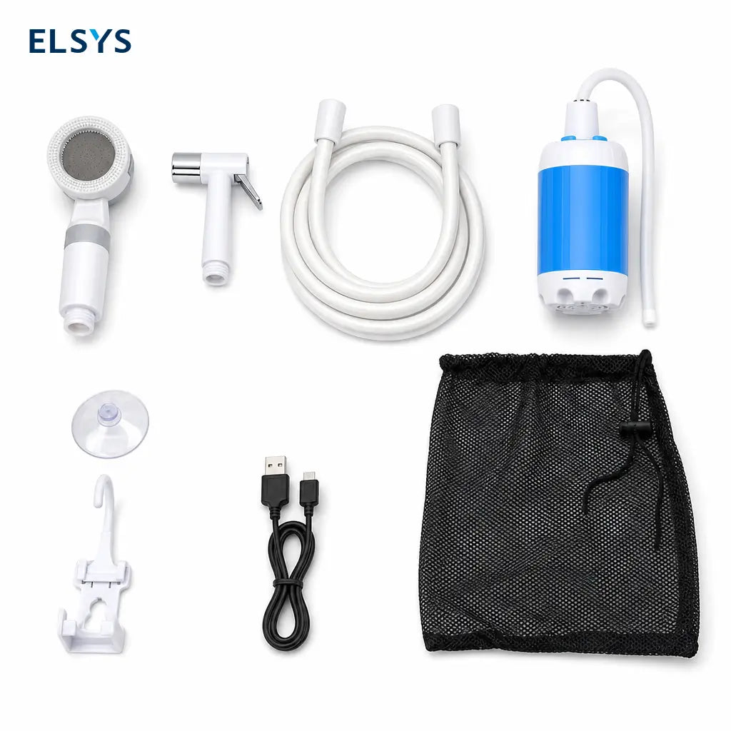 Ducha eléctrica recargable con bomba sumergible y bolsa de transporte para camping, senderismo, lavado de coche y limpieza de mascotas