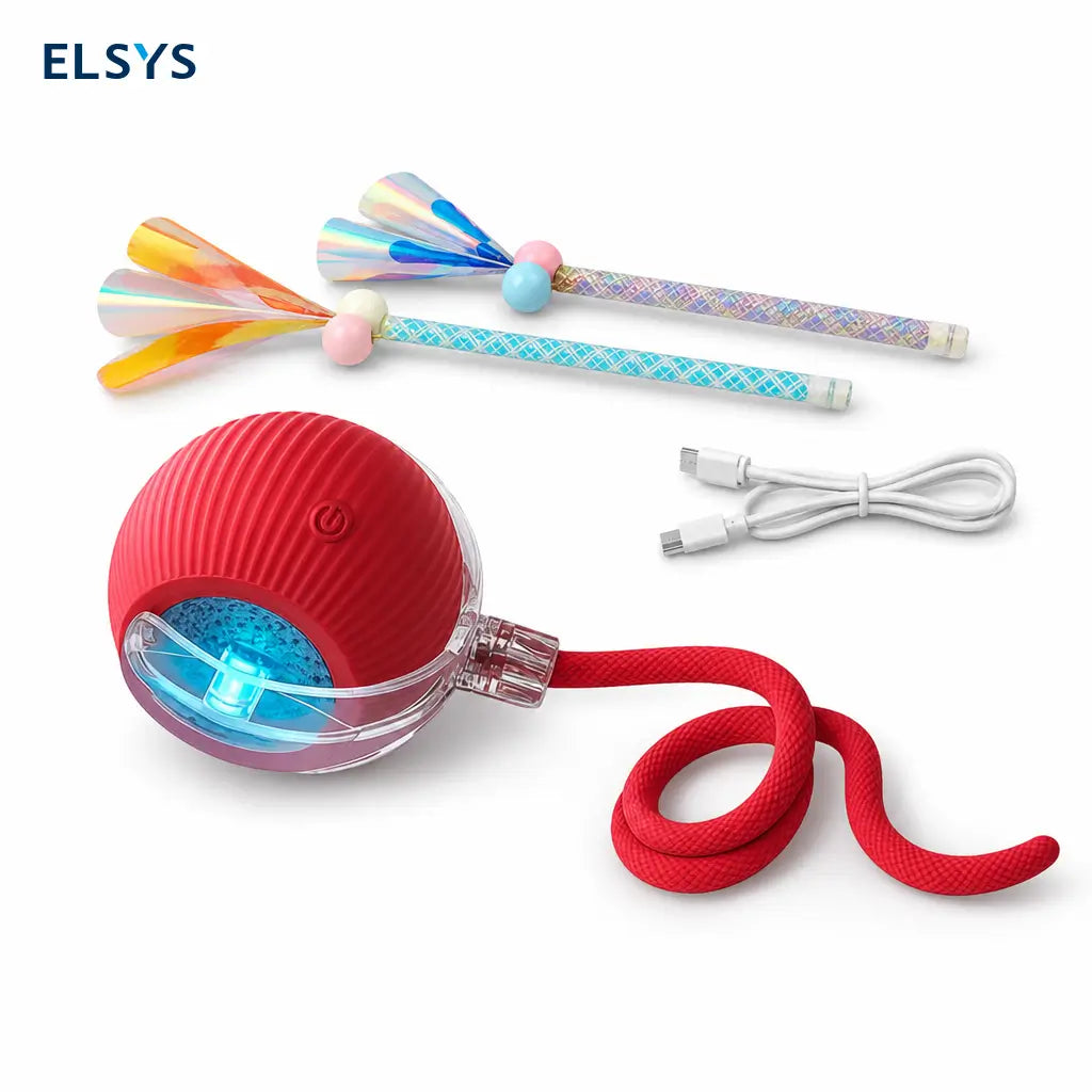 Pelota interactiva para gatos y perros con luces de colores, cola giratoria y carga USB-C para juego activo diario en casa