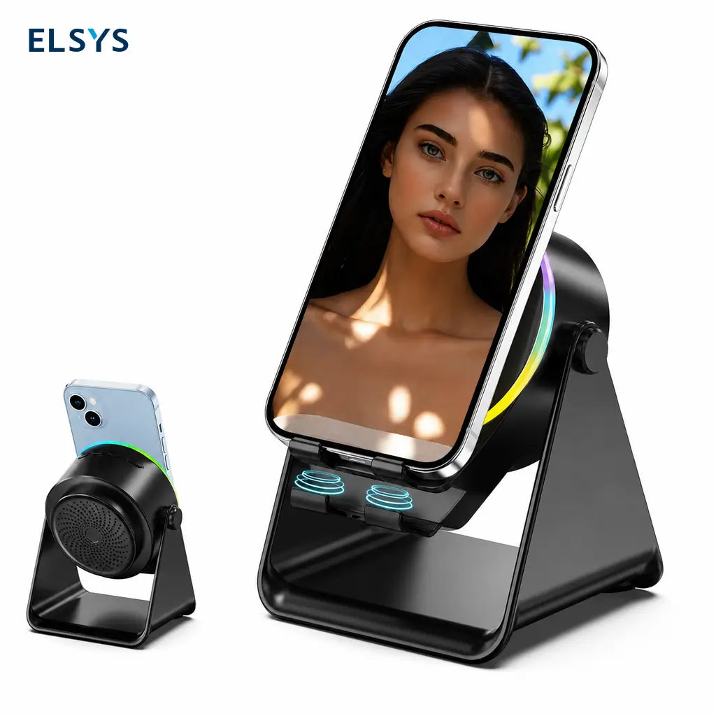 Bocina Bluetooth 5.3 con soporte para celular, giro 360°, luz RGB y audio por inducción para casa, oficina, viajes y tablet