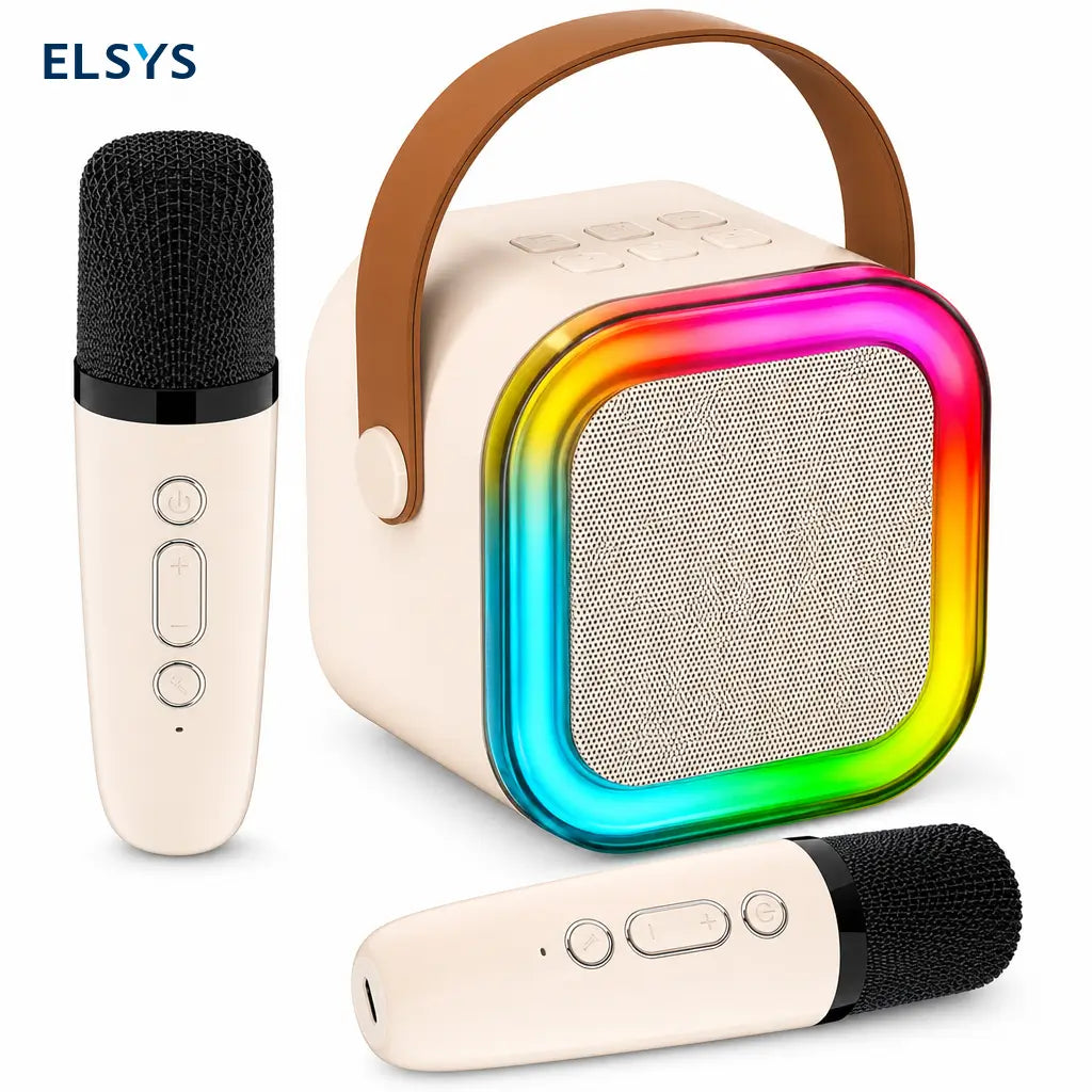Bocina karaoke mini Bluetooth 5.3 con 2 micrófonos inalámbricos, luces RGB y sonido HiFi para fiestas en casa y reuniones al aire libre