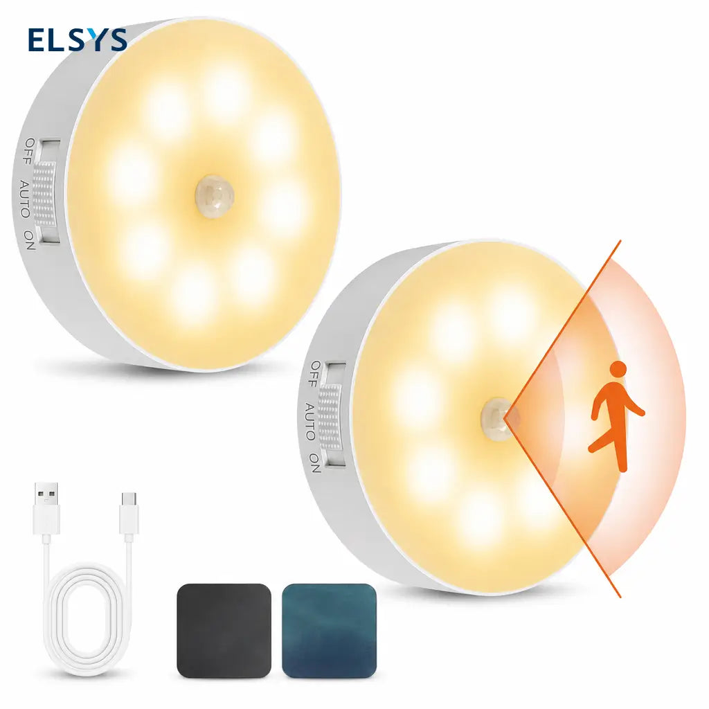 Luz nocturna LED con sensor de movimiento, 2 piezas recargables USB para clóset, cocina, pasillo y baño con montaje magnético sin perforar