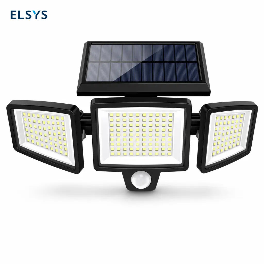 Lámpara solar exterior de seguridad 2500 lm con 3 cabezales ajustables, sensor PIR y control remoto para patios y cocheras