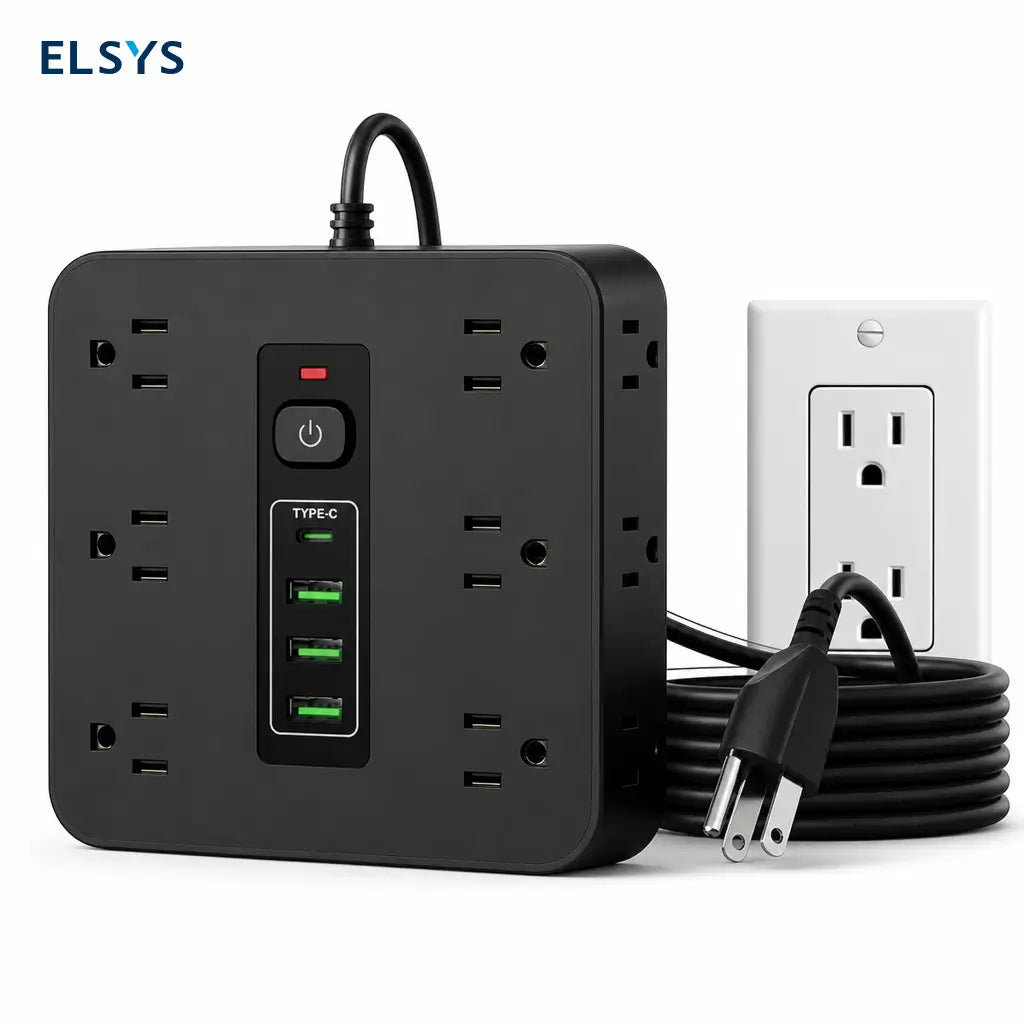 Multicontacto 16 en 1 con protección contra picos, 12 tomas AC y USB-C para carga organizada en casa, oficina o viaje diario