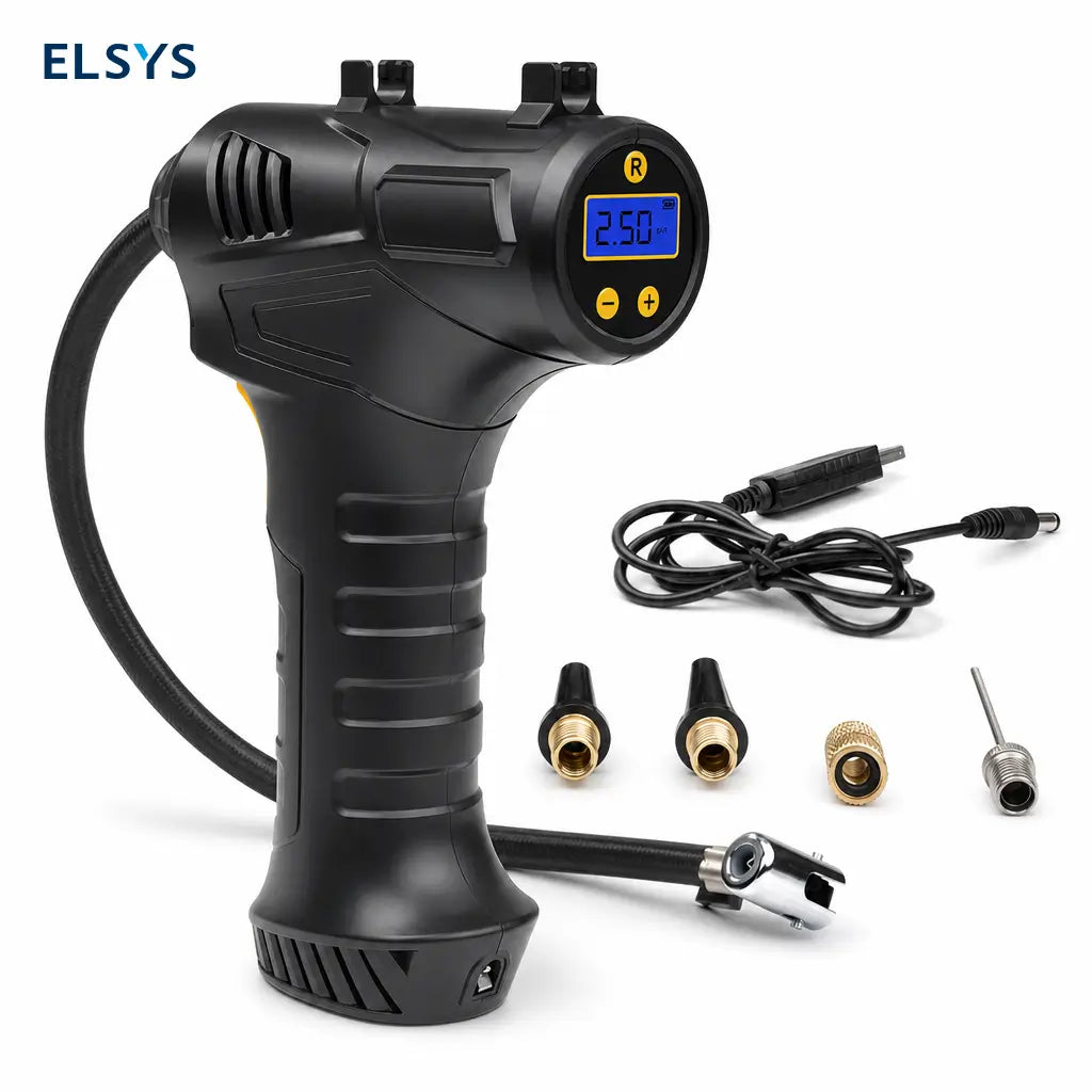 Inflador eléctrico portátil para llantas 150 PSI con luz LED, manómetro digital y boquillas para auto, bicicleta, balones deportivos y SUV