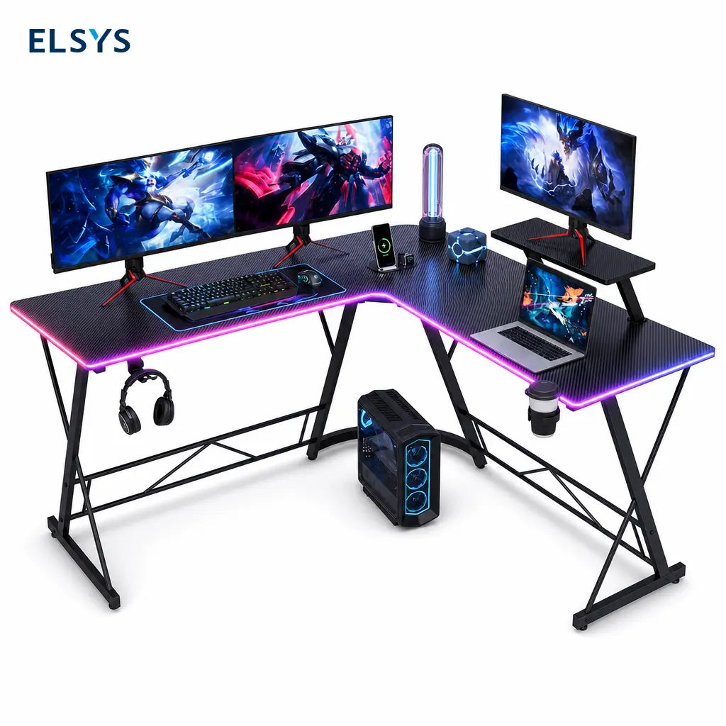 Escritorio gamer en L de 129 cm con soporte para monitor y luces RGB para home office y setup de juego negro estable