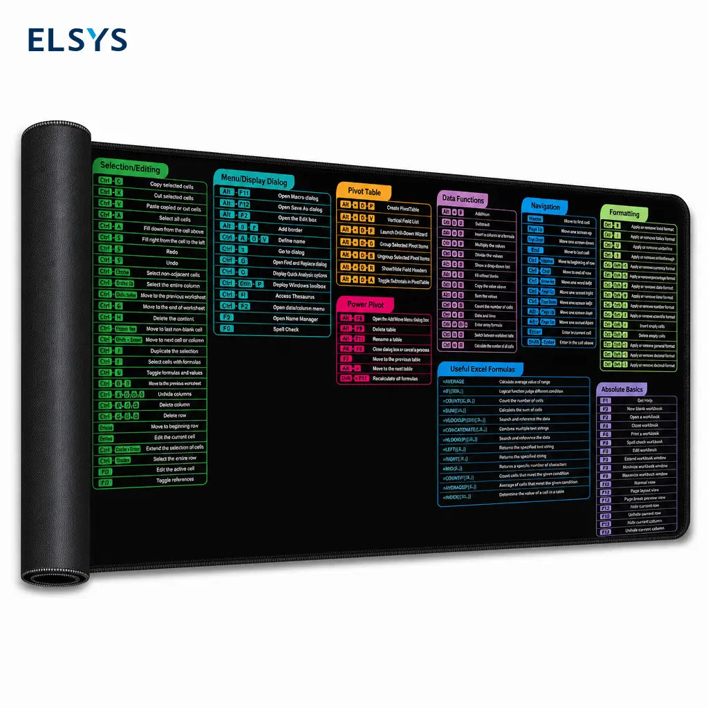 Tapete XXL para escritorio con atajos de Excel, base antideslizante y borde cosido para oficina, gaming y productividad diaria en computadora