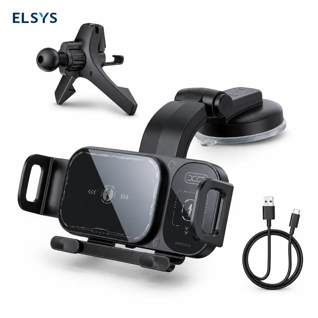 Soporte cargador inalámbrico 15W para auto con sujeción automática y rotación 90°, ideal para celulares plegables y grandes