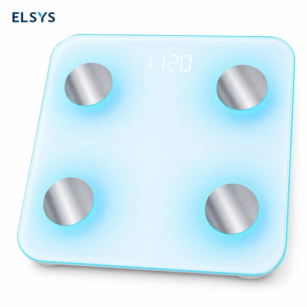 Báscula corporal inteligente de vidrio templado con app Bluetooth, electrodos precisos y luces de colores para metas fitness en casa cada día
