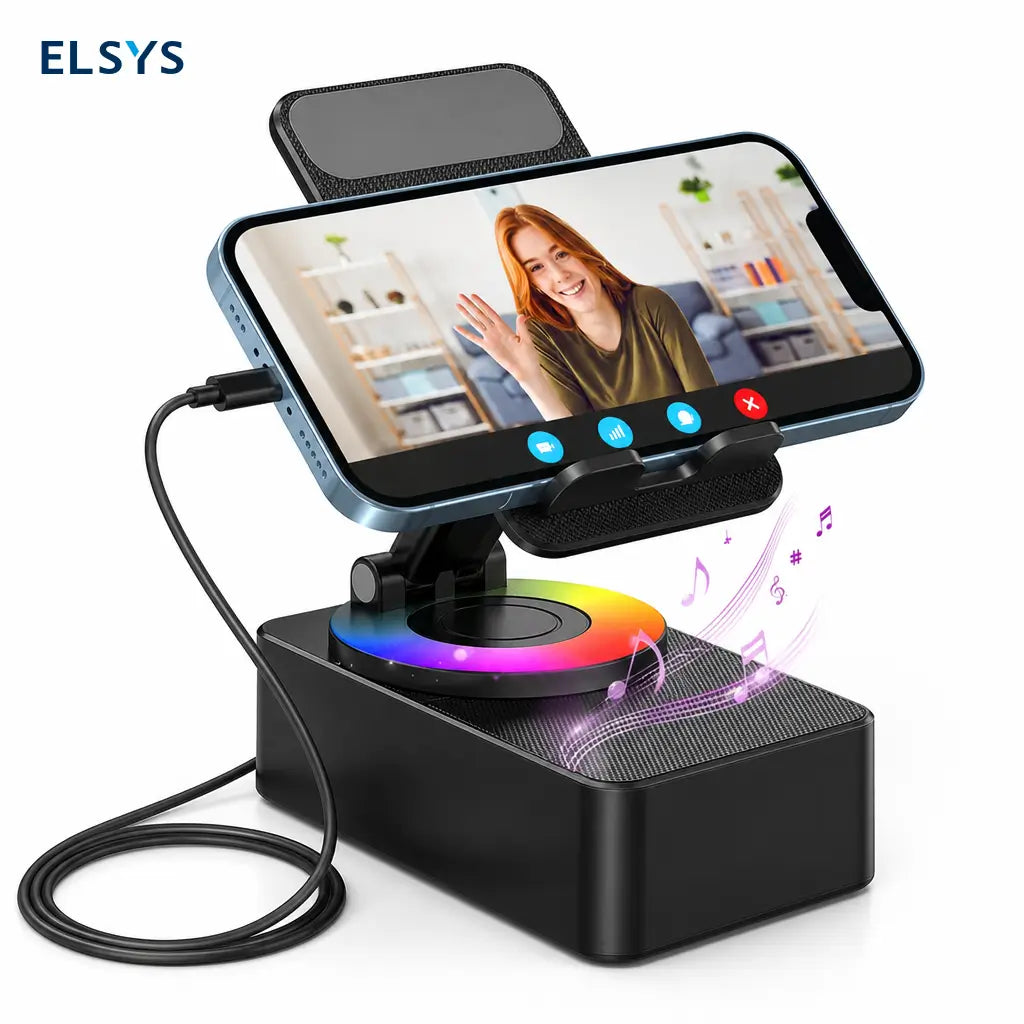 Bocina Bluetooth portátil con base plegable, carga de emergencia y soporte 360° para ver series, escuchar música y hacer videollamadas