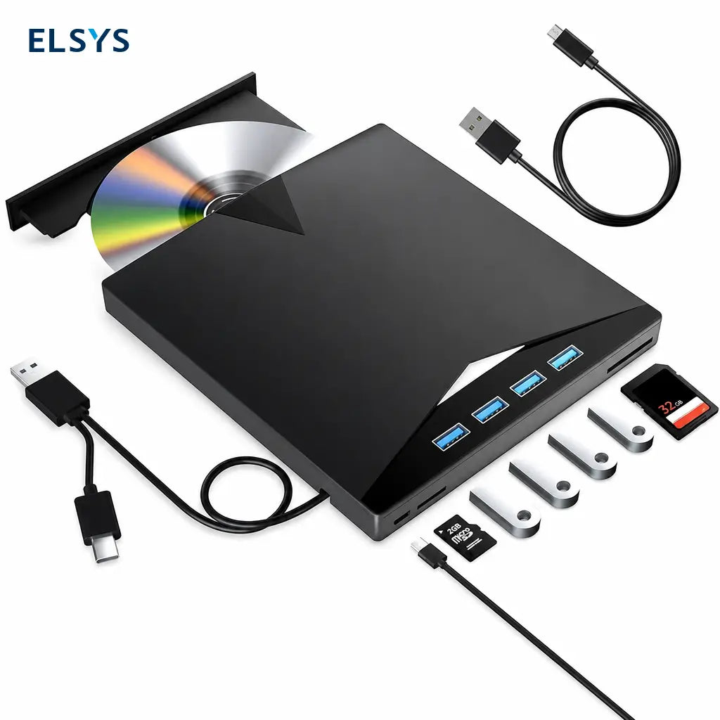 Unidad de DVD externa 7 en 1 con USB 3.0 y USB-C para laptop, PC y respaldo de discos en casa u oficina