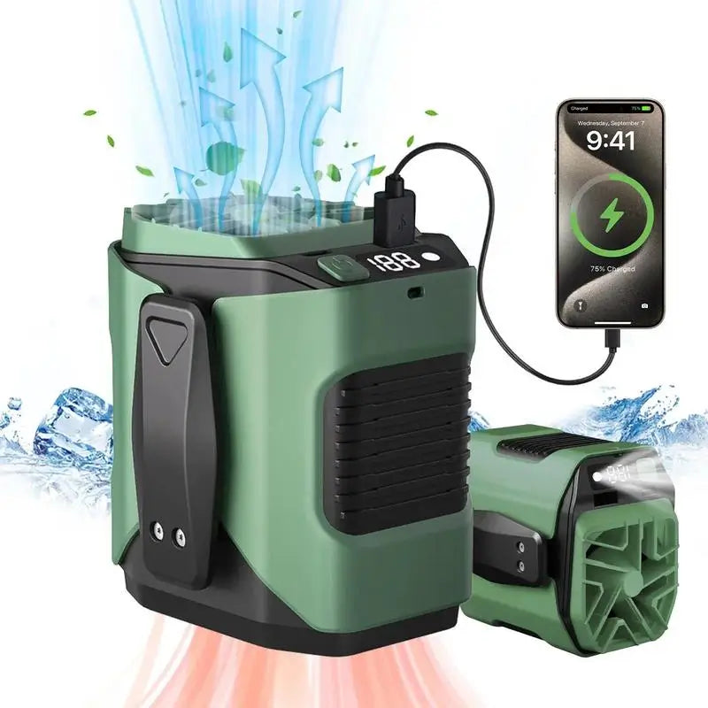 Ventilador personal manos libres con 10 velocidades, motor brushless y carga USB-C para obra, jardín, bici y camping en días calurosos