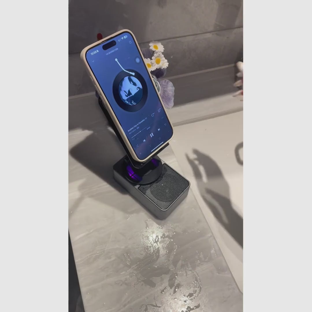 Bocina Bluetooth portátil con base plegable, carga de emergencia y soporte 360° para ver series, escuchar música y hacer videollamadas