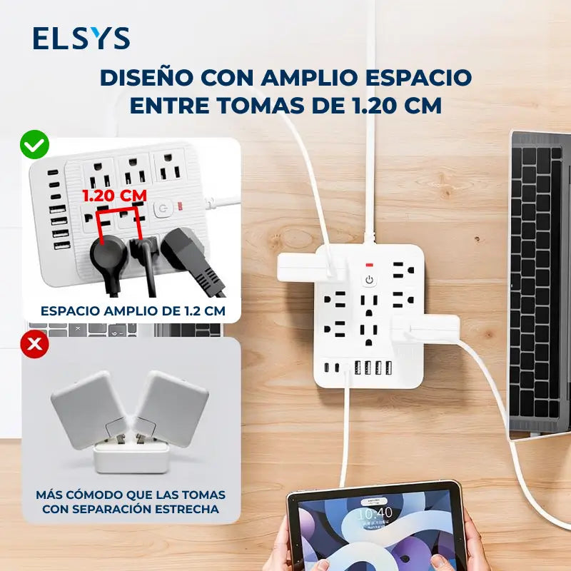 Multicontacto 15 en 1 con cable de 1.5 m y 3 m, 8 contactos AC, USB y Tipo-C con supresor de picos para hogar y oficina
