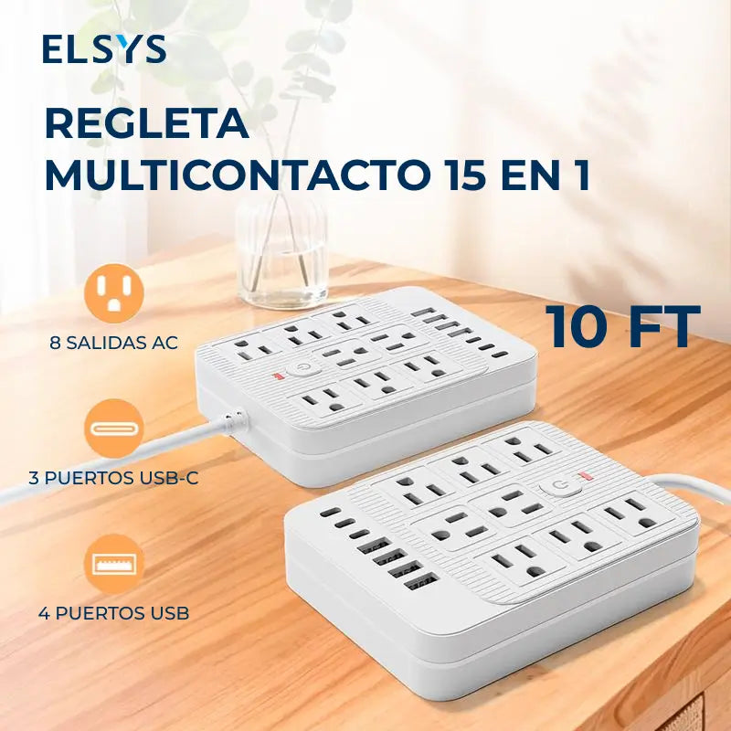 Multicontacto 15 en 1 con cable de 1.5 m y 3 m, 8 contactos AC, USB y Tipo-C con supresor de picos para hogar y oficina