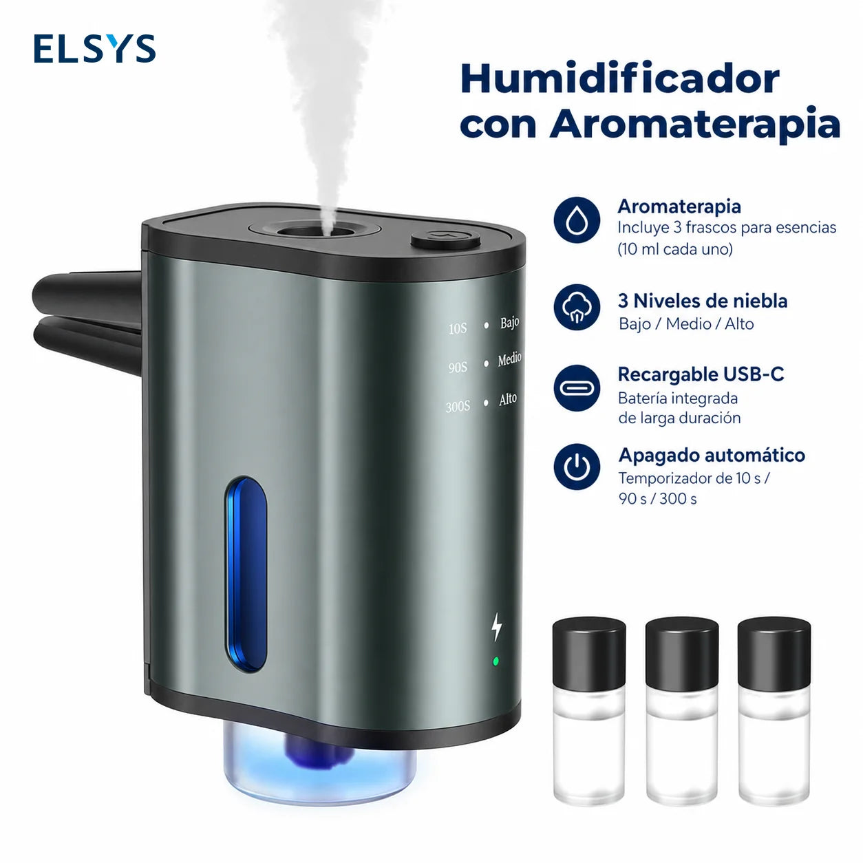 Difusor aromatizante inteligente para auto con 3 niveles de fragancia, batería de 45 días y clip para ventilas del aire acondicionado