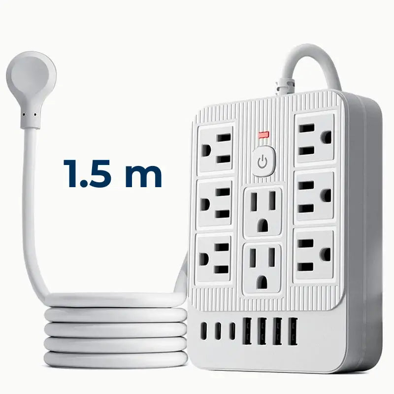 Multicontacto 15 en 1 con cable de 1.5 m y 3 m, 8 contactos AC, USB y Tipo-C con supresor de picos para hogar y oficina