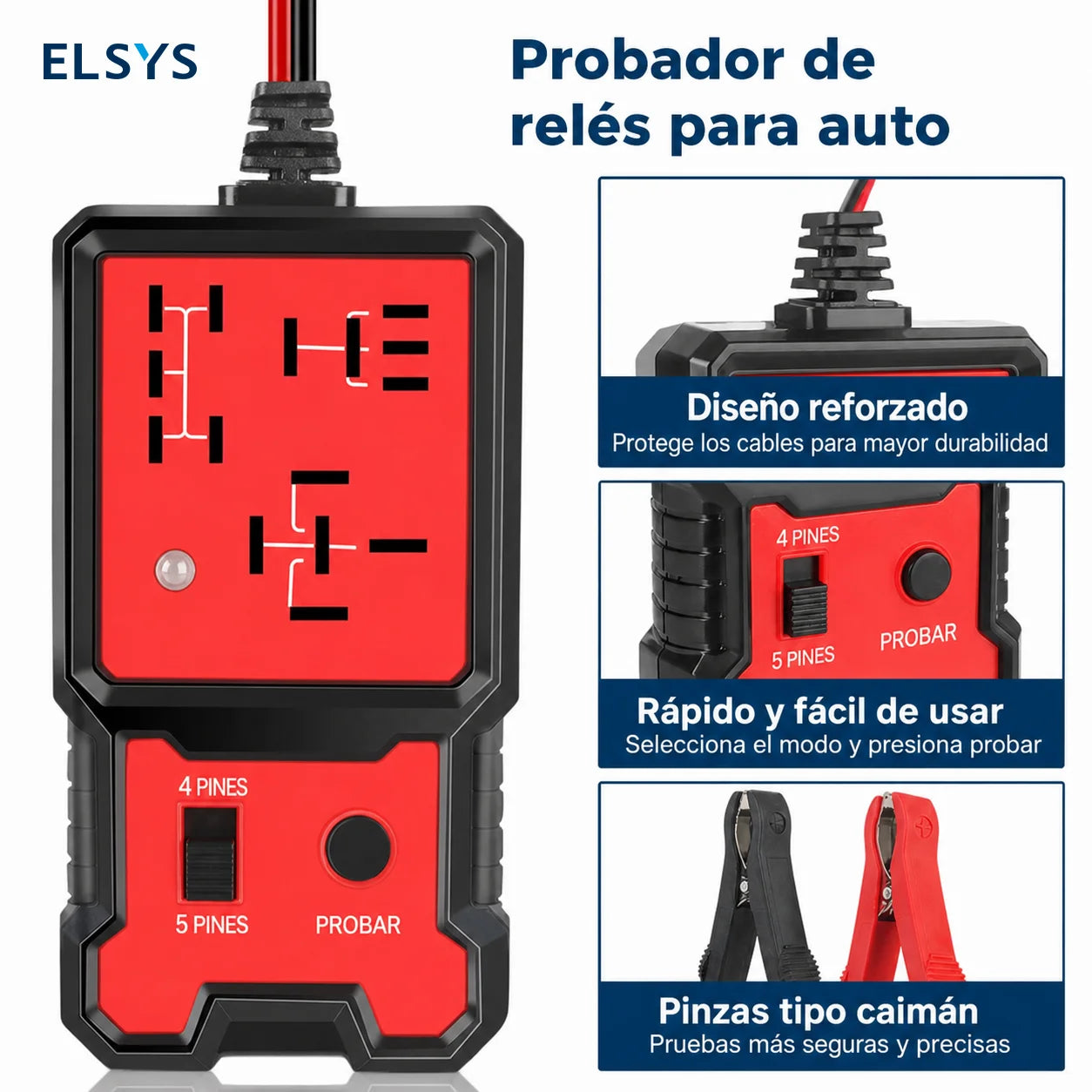 Probador de relevadores automotrices 12V/24V con LED y selector 4/5 pines para diagnóstico rápido en auto y taller