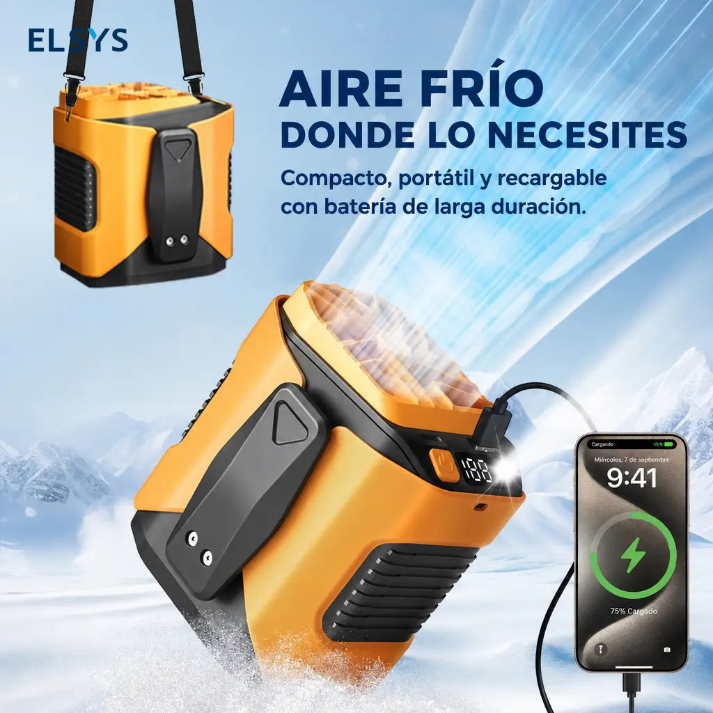 Ventilador personal manos libres con 10 velocidades, motor brushless y carga USB-C para obra, jardín, bici y camping en días calurosos