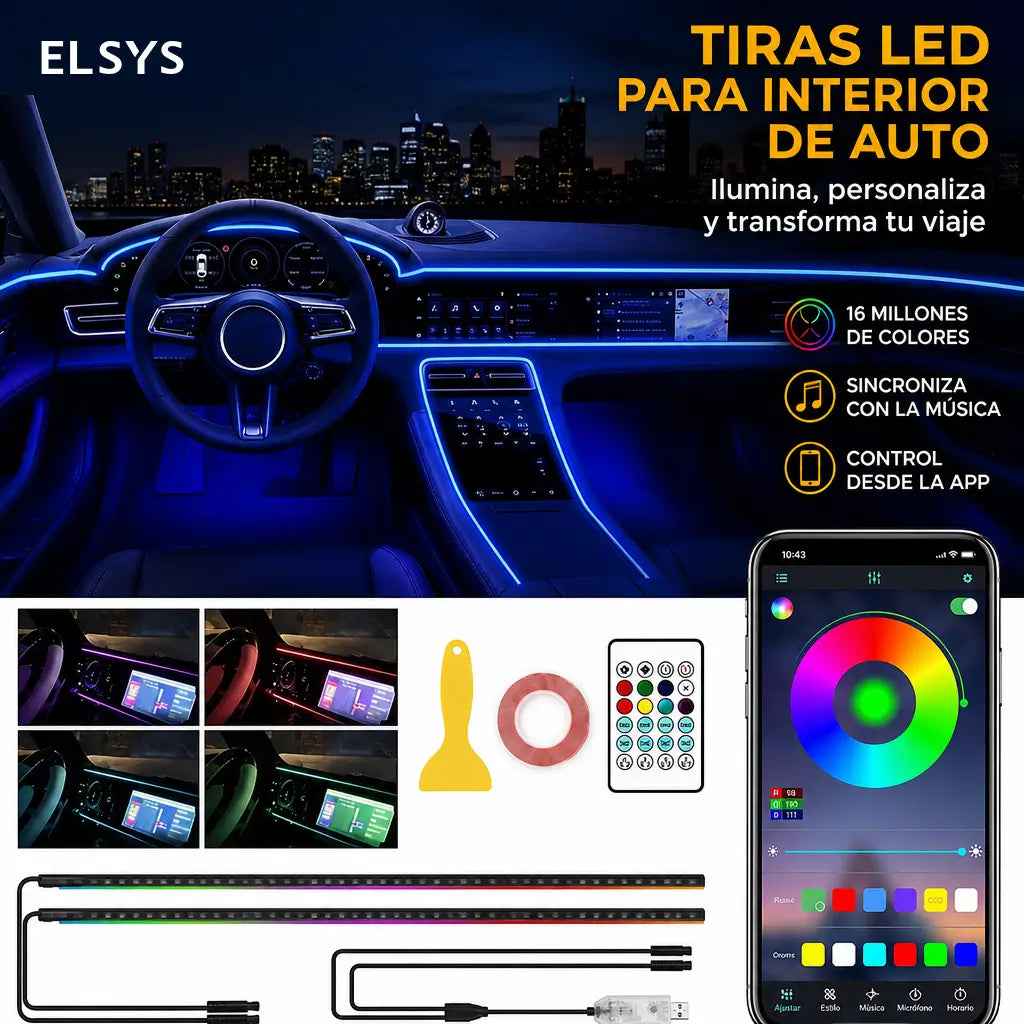 Iluminación interior LED RGB USB para auto con modos dinámicos y sincronización musical