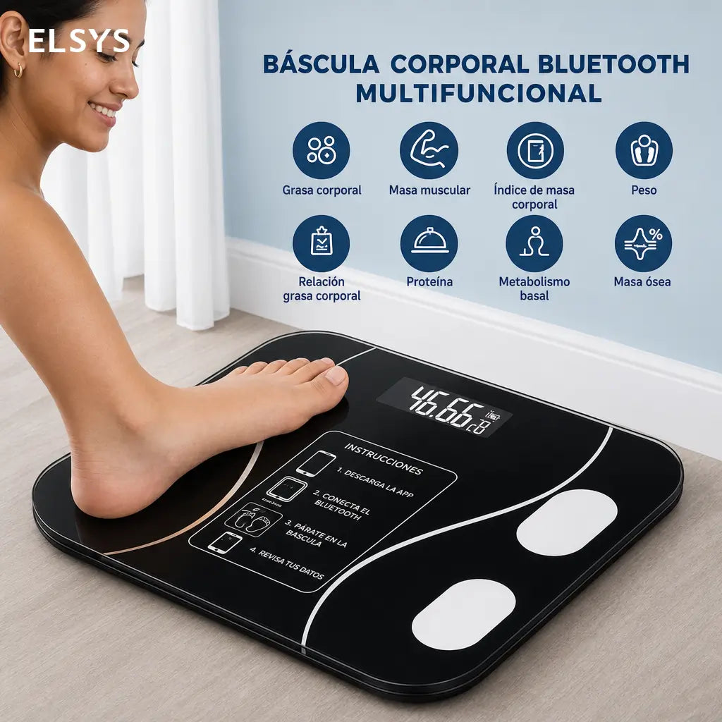 Báscula digital Bluetooth para baño con medición de peso, grasa corporal e IMC, ideal para seguimiento diario personal fácil