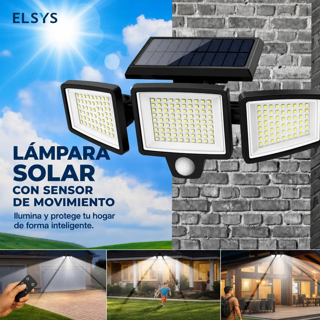 Lámpara solar exterior de seguridad 2500 lm con 3 cabezales ajustables, sensor PIR y control remoto para patios y cocheras