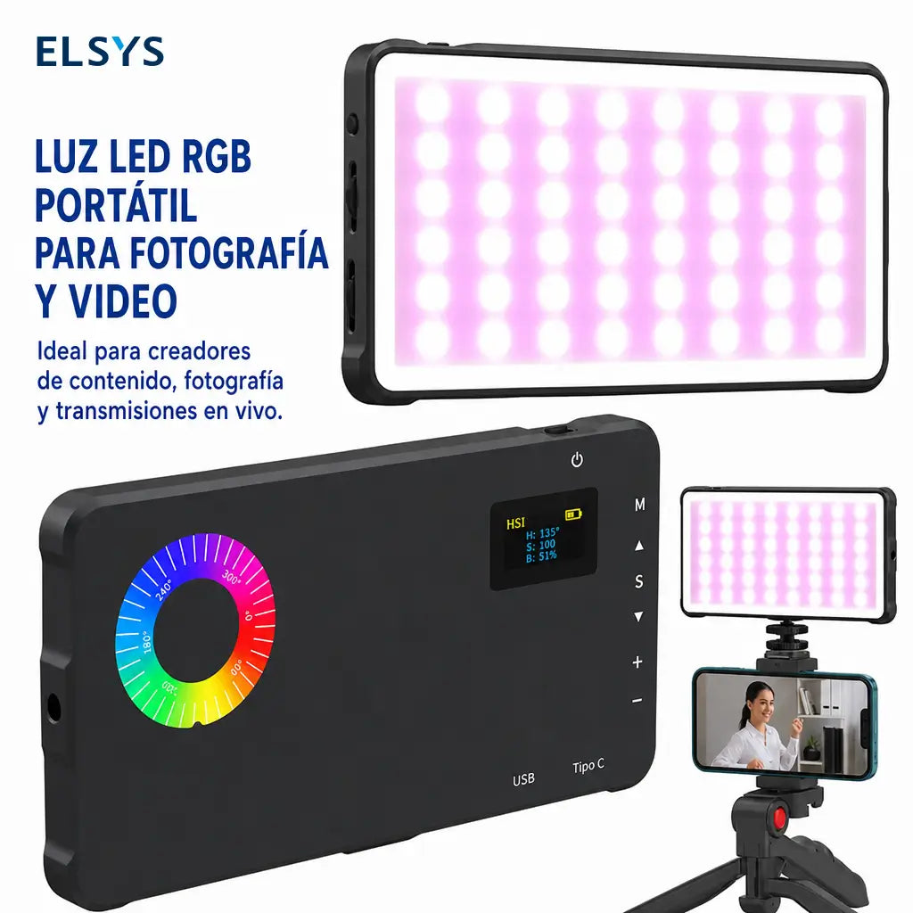 Luz fotográfica RGB recargable por USB 4000mAh compacta para cámara de celular, streaming en vivo y vlogs de viaje creativos diarios