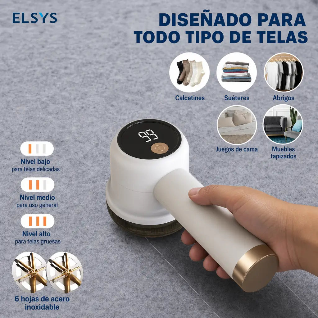 Quitapelusas portátil recargable con depósito removible y pantalla digital para renovar suéteres, cobijas, cortinas, alfombras y sofás con 3 velocidades