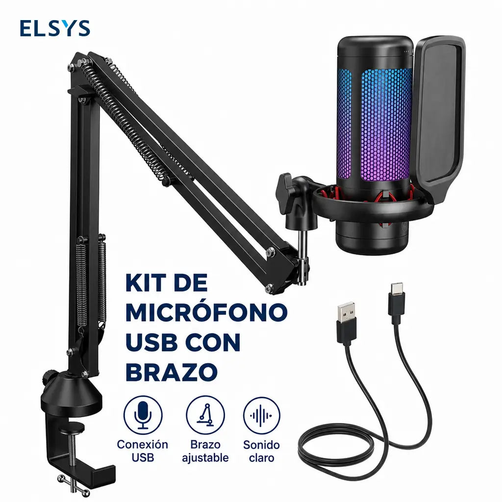 Micrófono USB de condensador TC310 con iluminación RGB ajustable, conexión USB-A y Type-C para gaming, streaming y podcast en PC Mac