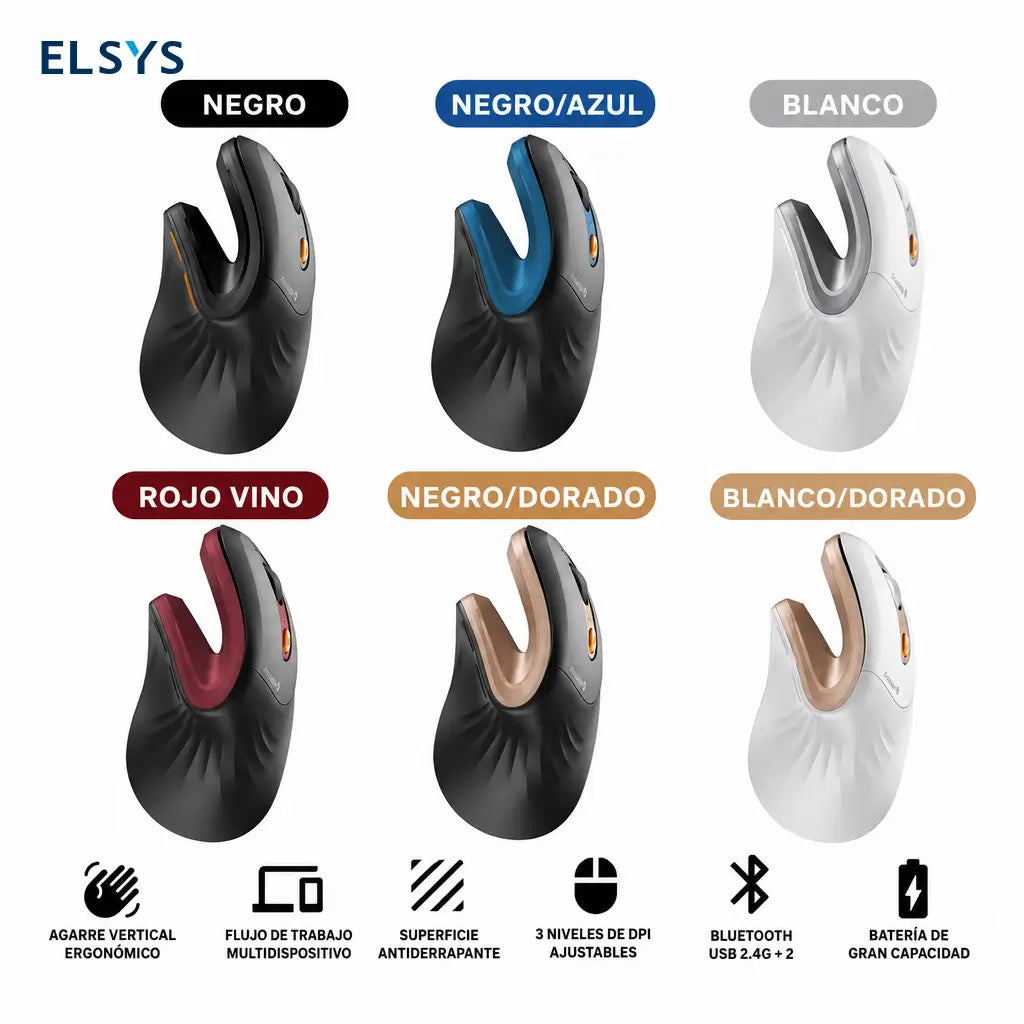 Mouse vertical ergonómico recargable USB-C con Bluetooth, 2.4G, DPI ajustable y clic silencioso para trabajar cómodo en hasta 3 dispositivos diario