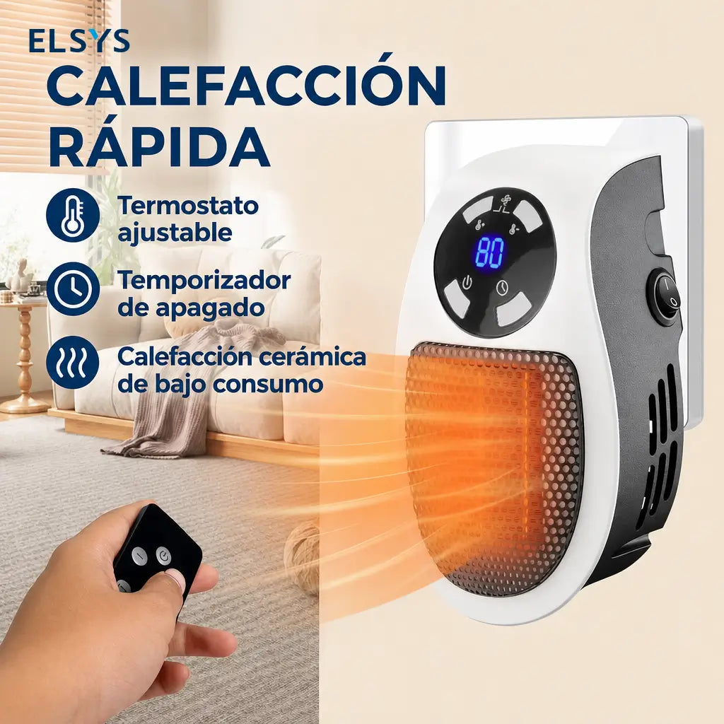 Calefactor eléctrico de pared 450W con cerámica PTC, termostato ajustable y temporizador 12 h para recámara, oficina o estudio