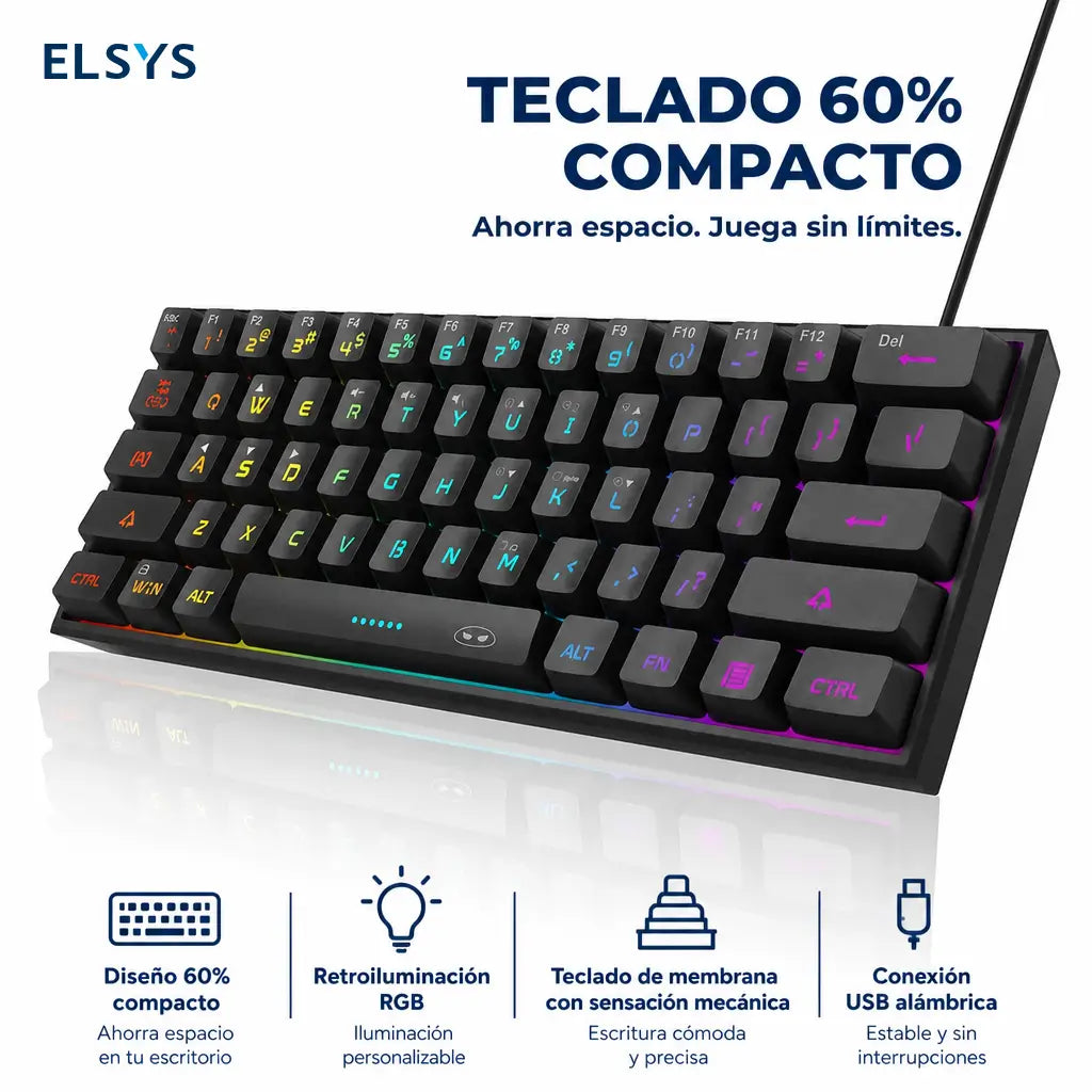 Teclado gamer 60% compacto TS91 con iluminación RGB y 61 teclas de membrana para jugar o trabajar en PC, Mac, PS4 y Xbox One