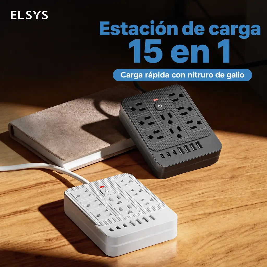 Multicontacto 15 en 1 con 8 tomas, USB-C y protección contra sobretensión para cargar varios equipos en oficina, casa y viajes