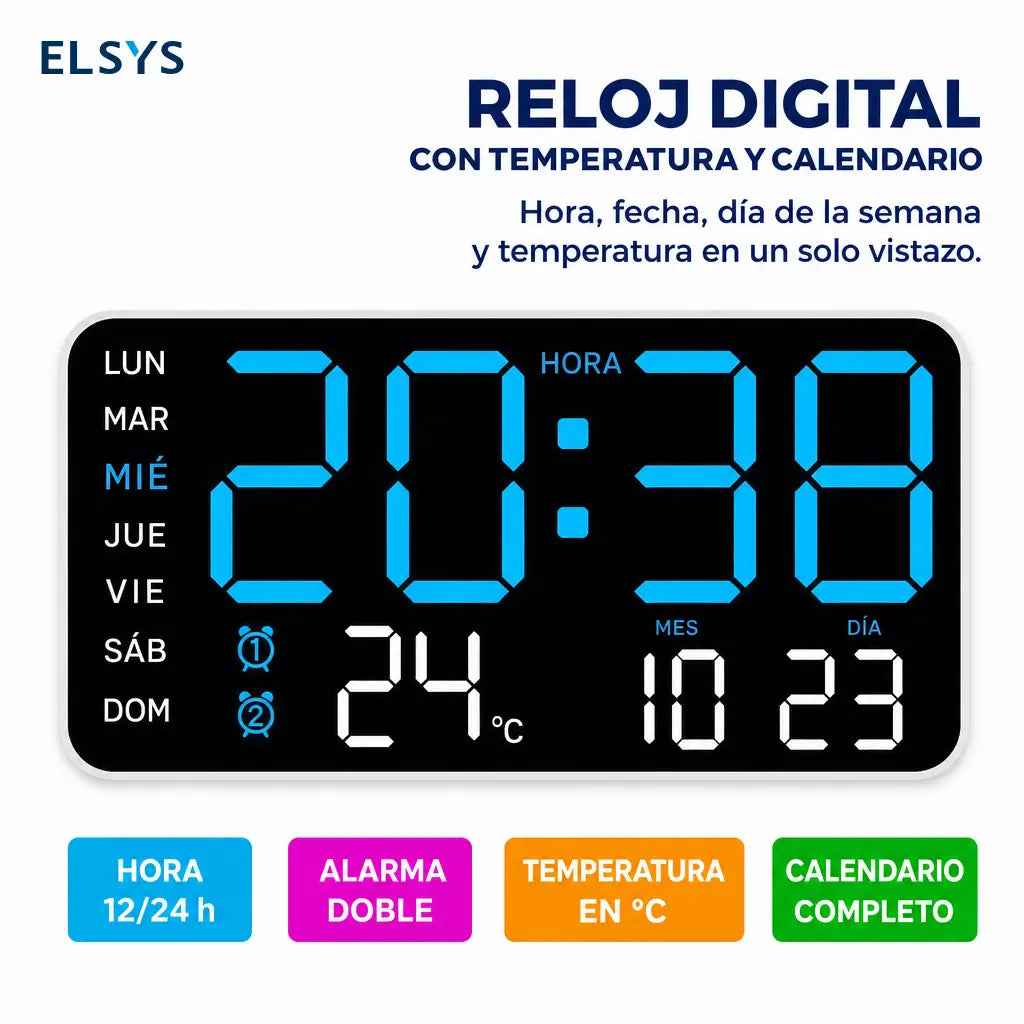 Reloj despertador digital grande con pantalla LED visible, activación por voz, temperatura y doble alarma para buró, sala o pared en casa