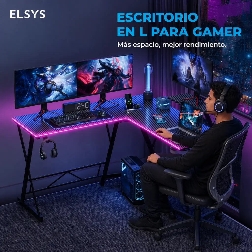 Escritorio gamer en L de 129 cm con soporte para monitor y luces RGB para home office y setup de juego negro estable