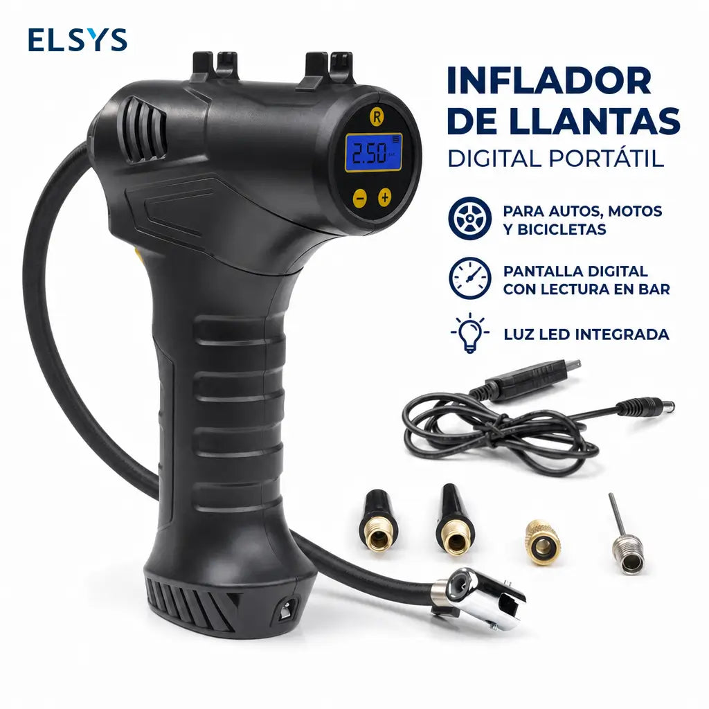Inflador eléctrico portátil para llantas 150 PSI con luz LED, manómetro digital y boquillas para auto, bicicleta, balones deportivos y SUV