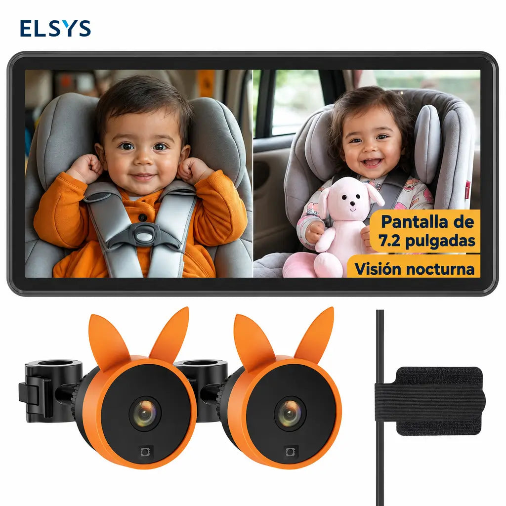 Monitor dual para bebé en auto con pantalla 7.2” 1080P, visión nocturna y vista dividida para dos niños en viajes familiares