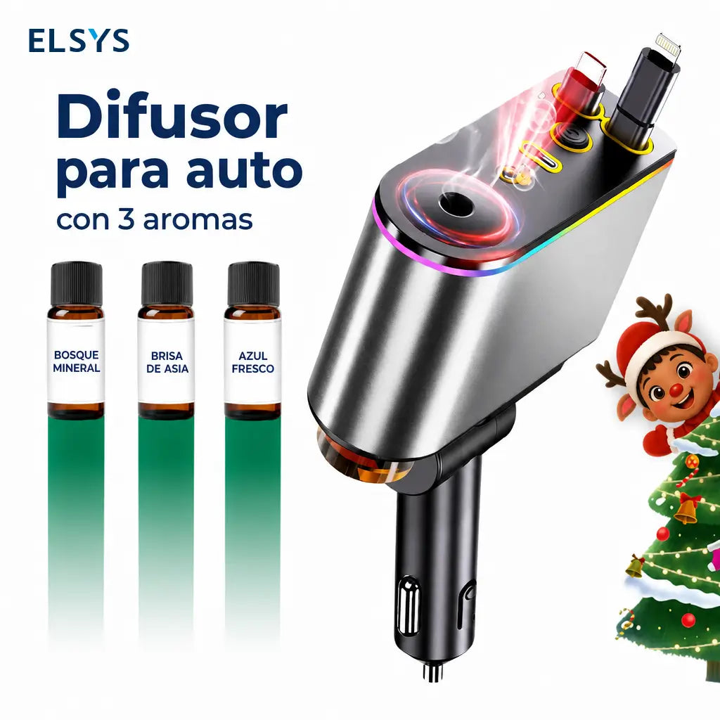 Cargador retráctil para auto 66W con USB-C y Lightning, difusor aromático y luz estrellada para cargar tu celular sin enredos diarios