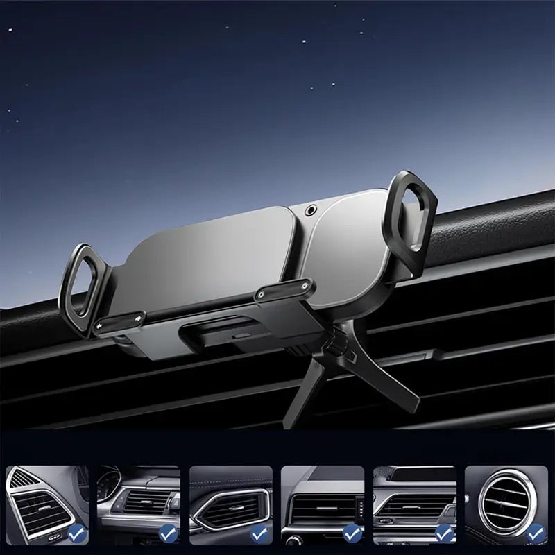 Soporte para Celular de Auto con Carga Rápida Inalámbrica de 15W para Teléfonos Plegables y Estándar, Base de Ventila Ultra Estable con Gancho y Clip, Rotación de 90° y Sujeción Automática con un Botón