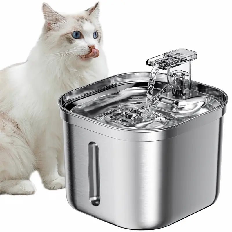 Fuente de Agua de Acero Inoxidable para Gatos y Perros, Bebedero Automático de 2.2 Litros con Bomba Ultra Silenciosa y 3 Filtros, Plato de Agua Cuadrado para Mascotas