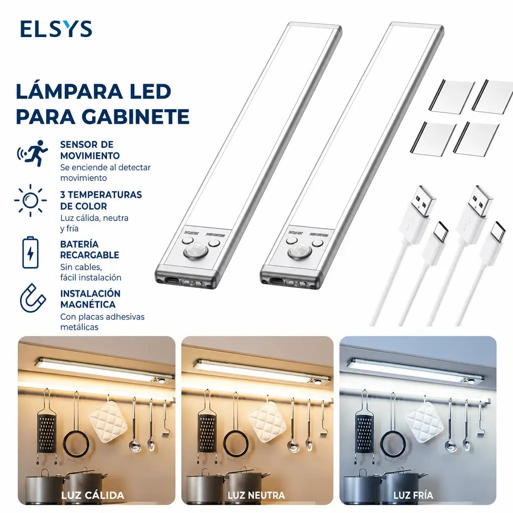 Lámparas LED bajo gabinete con sensor de movimiento, recargables USB-C y luz regulable para cocina, clóset, escaleras, paquete de 2 piezas