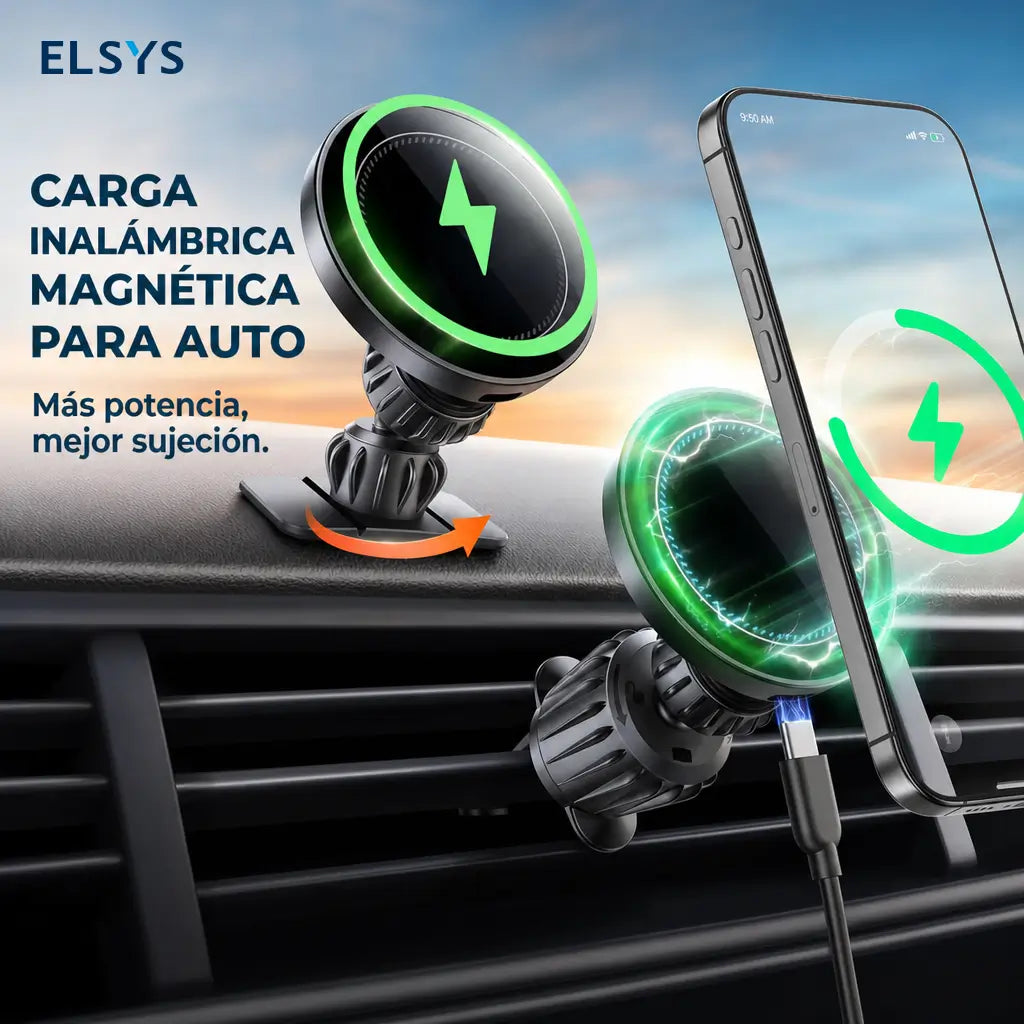 Cargador inalámbrico magnético 15W para auto con soporte ajustable 360° y montaje 3 en 1, ideal para iPhone en viajes diarios
