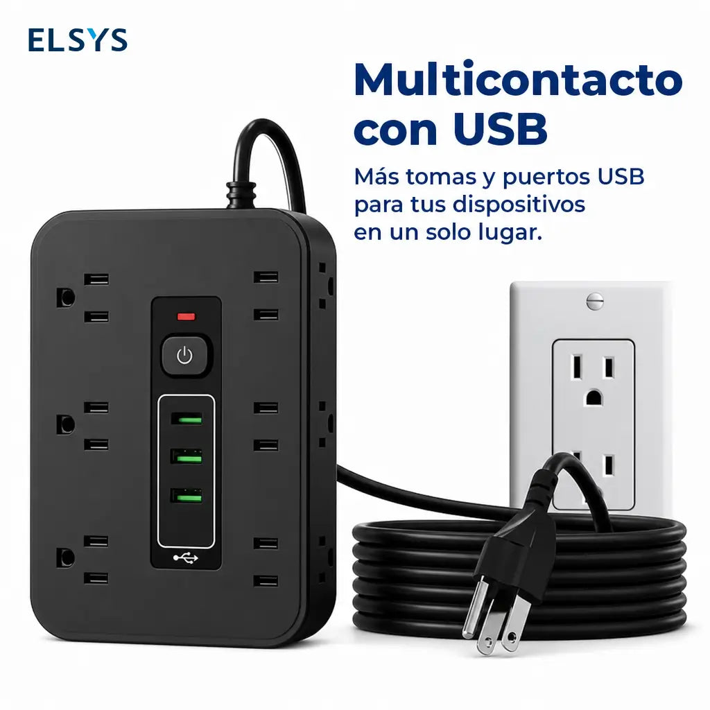 Multicontacto 16 en 1 con protección contra picos, 12 tomas AC y USB-C para carga organizada en casa, oficina o viaje diario