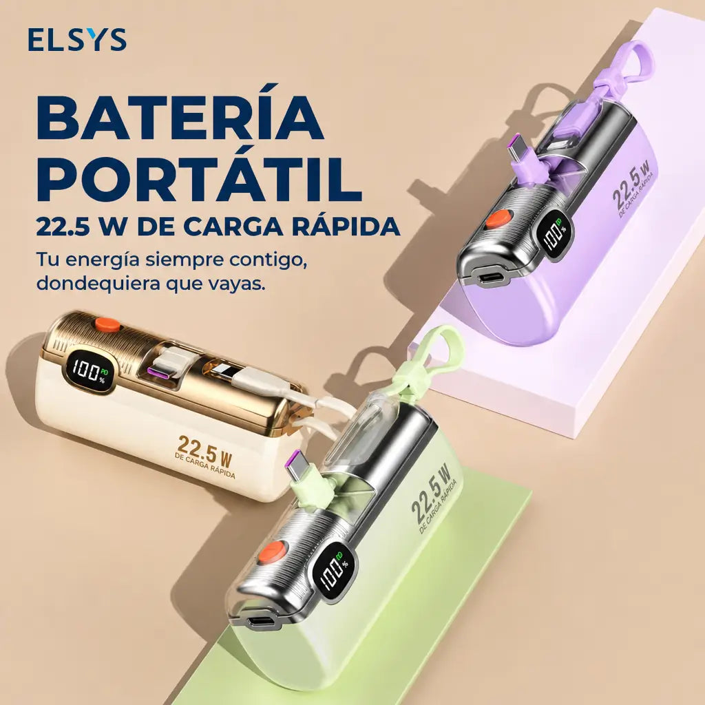 Power bank mini 5000mAh con carga rápida 22.5W, cable integrado y display digital para celular, viajes y emergencias sin cargar peso extra